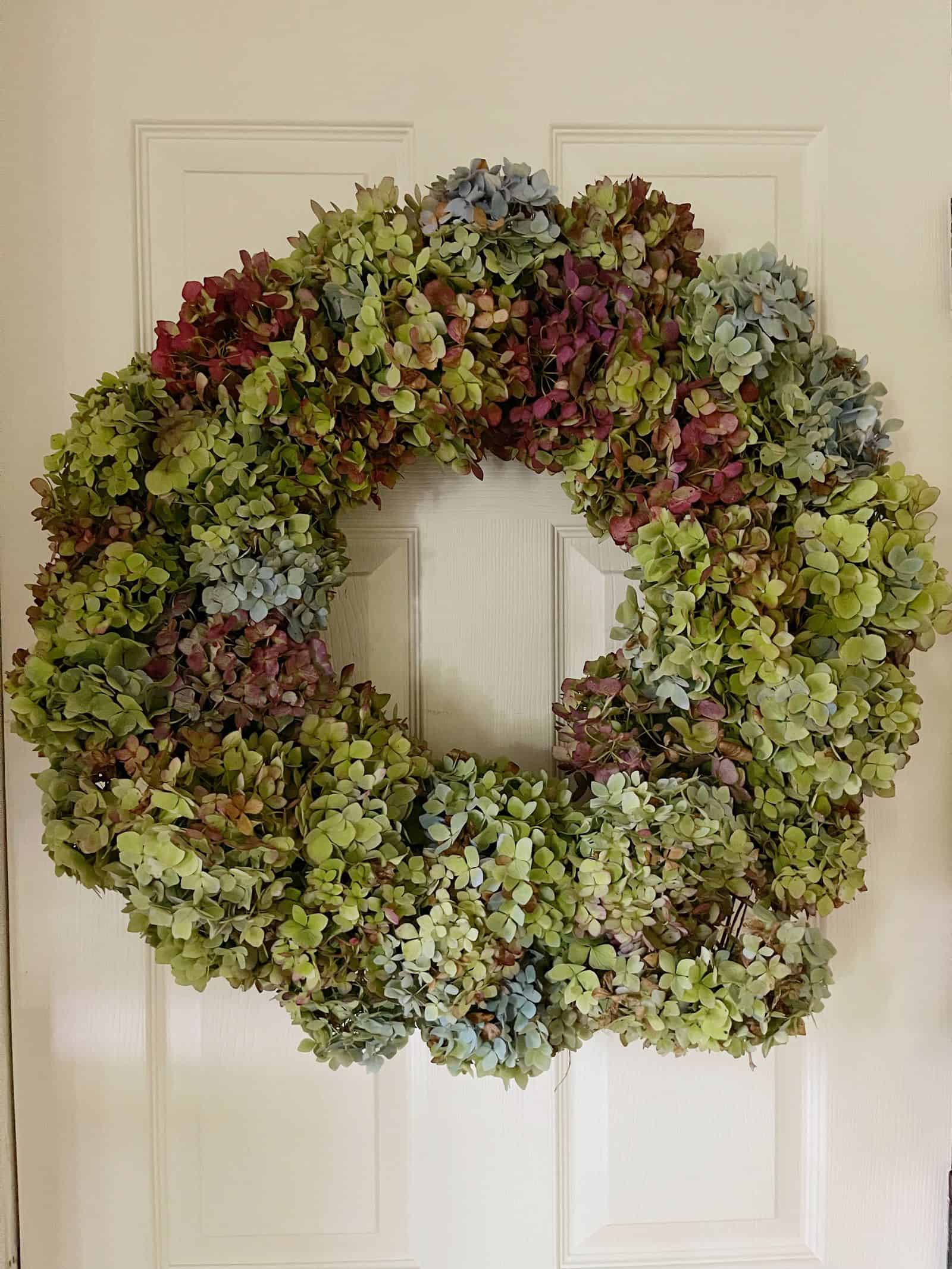 Homemade hydrangea wreath hanging on a door.