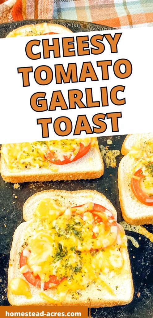 Homemade garlic toast with cheese and tomatoes. Text overlay says Cheesy Tomato Garlic Toast.