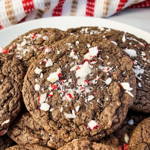 A plate full of chocolate peppermint cake mix cookies.