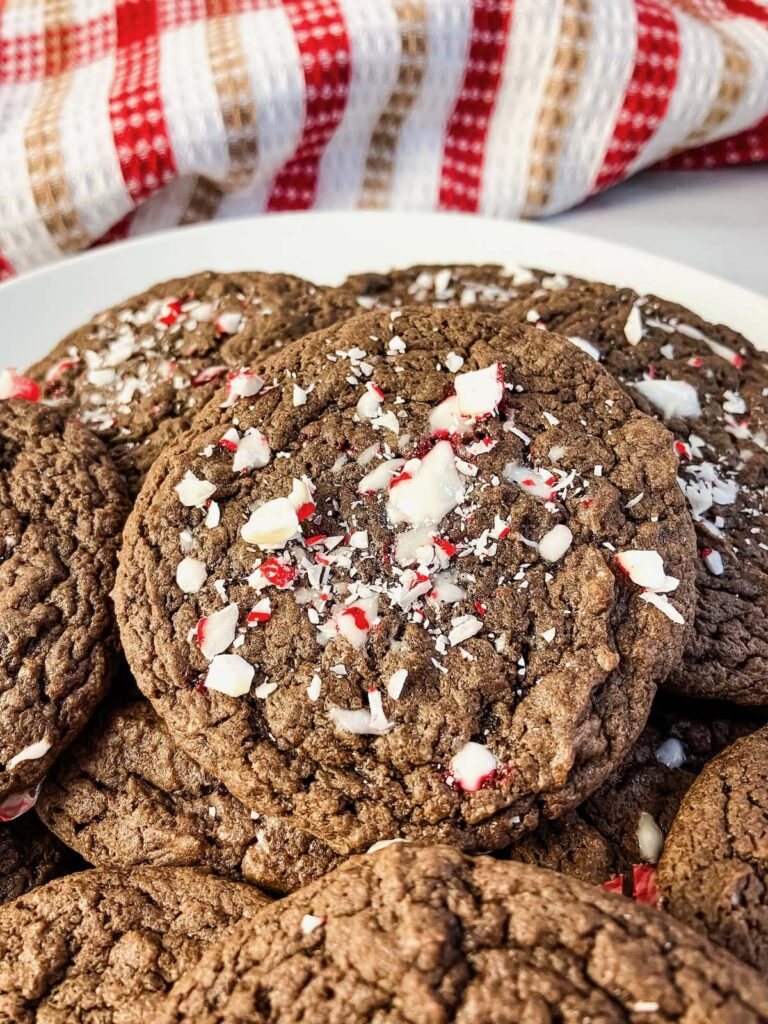 A plate full of chocolate peppermint cake mix cookies.