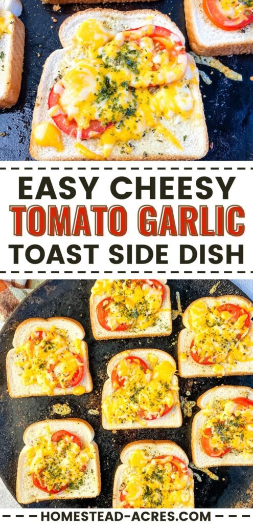 Collage image of fresh cheesy garlic toast with tomatoes fresh from the oven. Text overlay says Easy Cheesy Tomato Garlic Toast Side Dish.