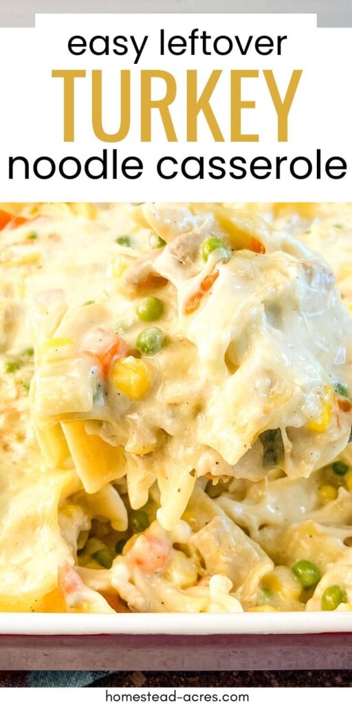 Lifting a serving of turkey casserole out of a baking dish. Text overlay says Easy Leftover Turkey Noodle Casserole.