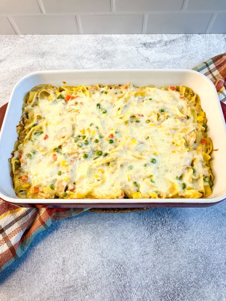 Warm homemade turkey noodle casserole fresh from the oven.
