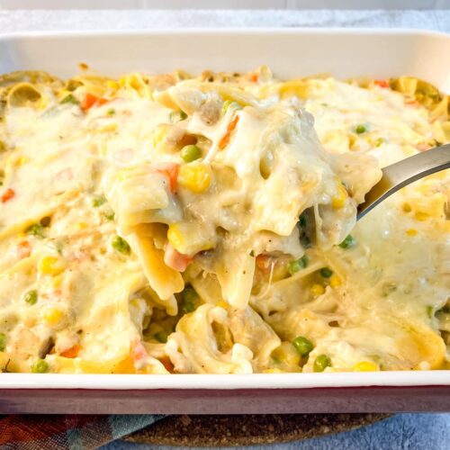 Serving up a spoonful of leftover turkey noodle casserole.