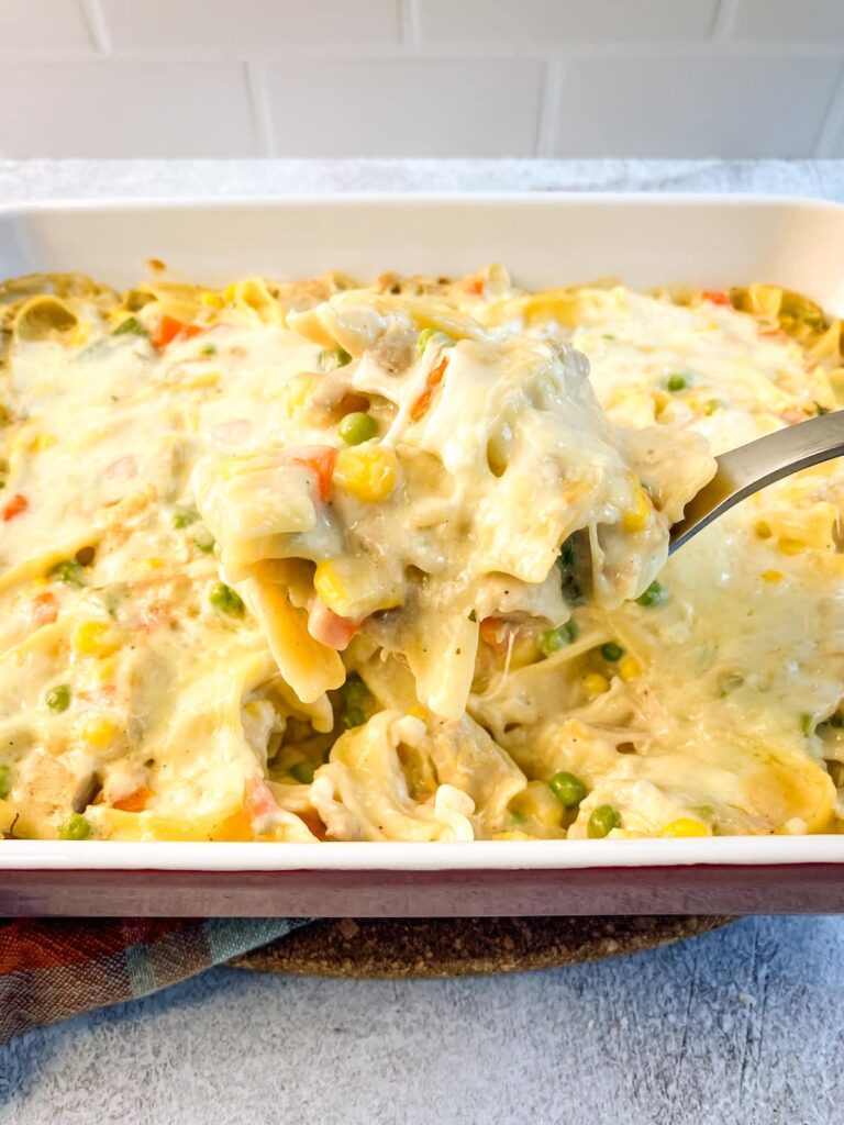 Serving up a spoonful of leftover turkey noodle casserole.