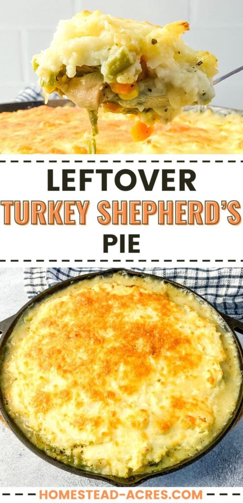 Collage image, top a serving spoon of turkey shepherd's pie, bottom turkey casserole fresh from the oven. Text overlay says Leftover Turkey Shepherd's Pie.