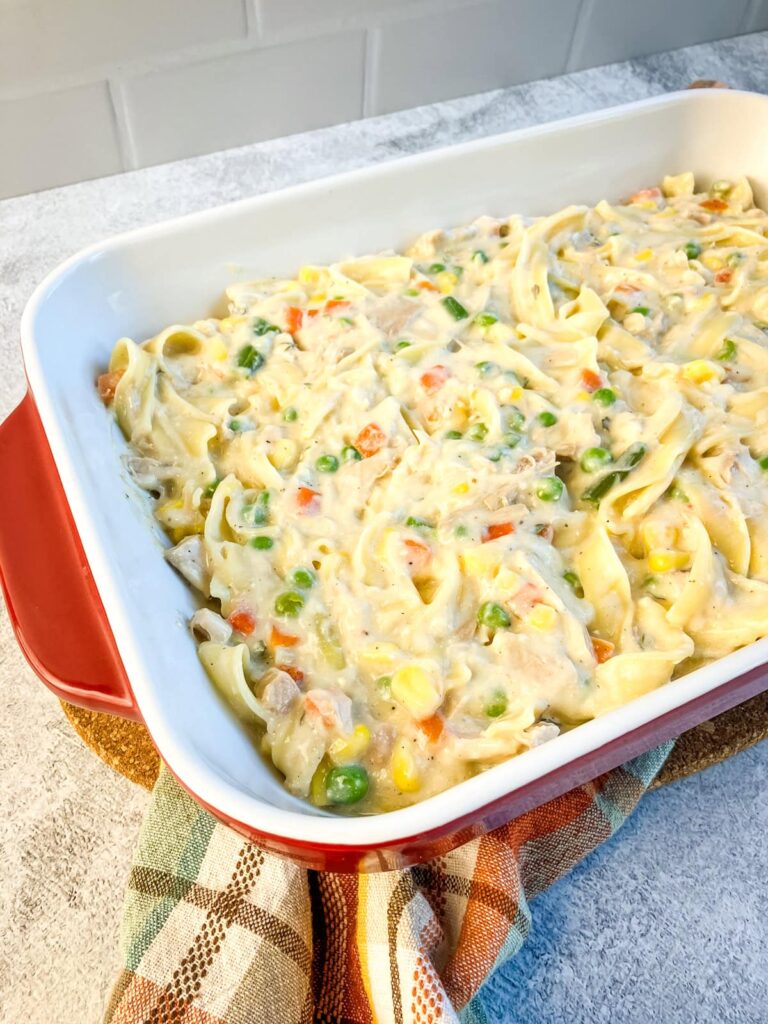 Turkey noodle casserole in a baking dish.