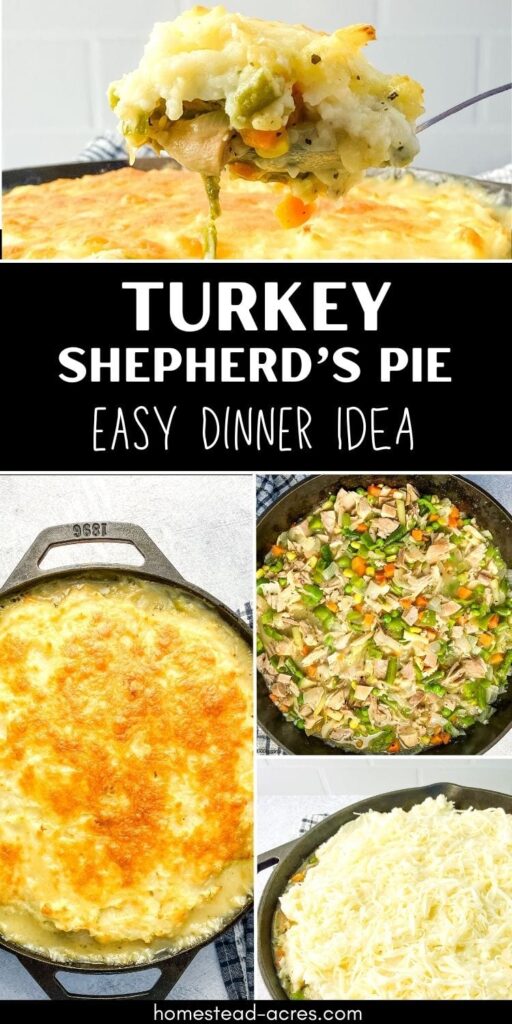 Collage image, top a serving spoon of turkey shepherd's pie. Bottom shows the filling cooking in a skillet, topped with potato and cheese and baked. Texted overlay says Turkey Shepherd's PIe Easy Dinner Idea.