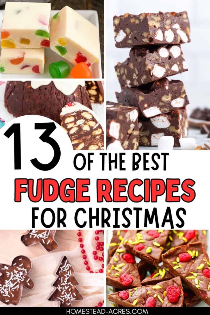 Collage image of homemade fudge recipes. Text overlay says 13 Of The Best Fudge Recipes For Christmas.