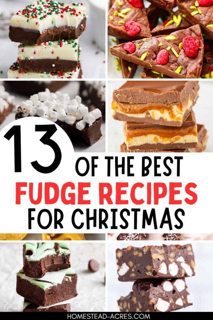 Collage image of homemade fudge. Text overlay says 13 Of The Best Fudge Recipes For Christmas.