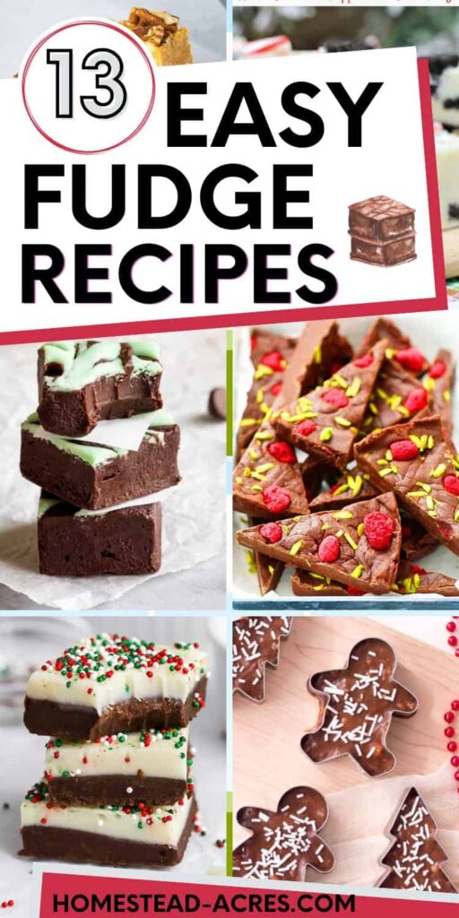 Collage image of homemade fudge. Text overlay says 13 Easy Fudge Recipes.