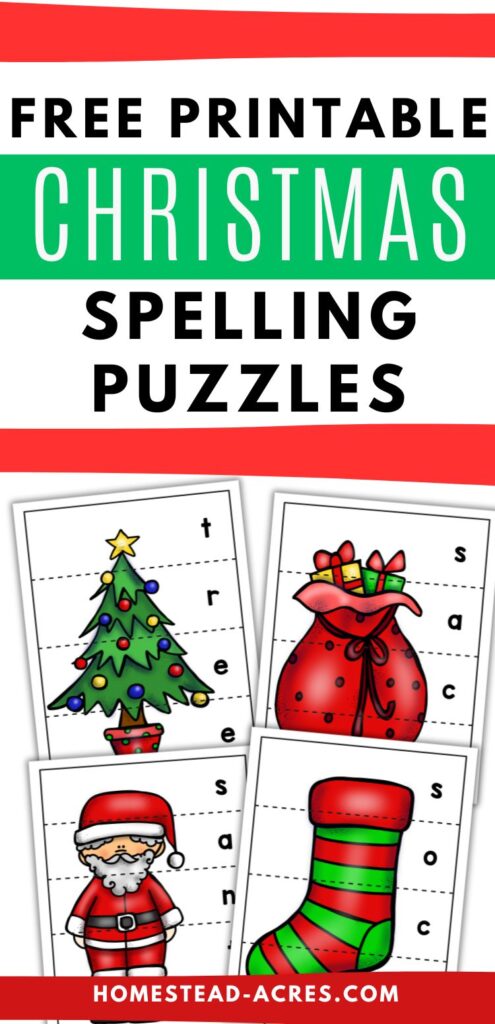 Collage image of sample word puzzles including a Christmas tree, sack, Santa, and sock. Text overlay says Free Printable Christmas Spelling Puzzles.
