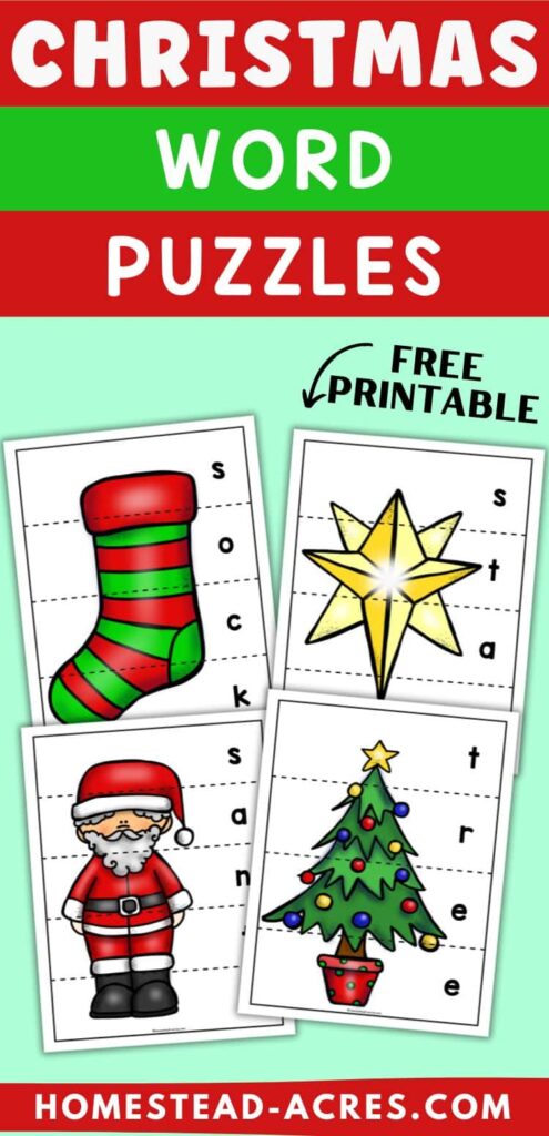 A collage image of a Santa, tree, stocking, and star puzzle. The text overlay says Christmas Word Puzzles Free Printables.