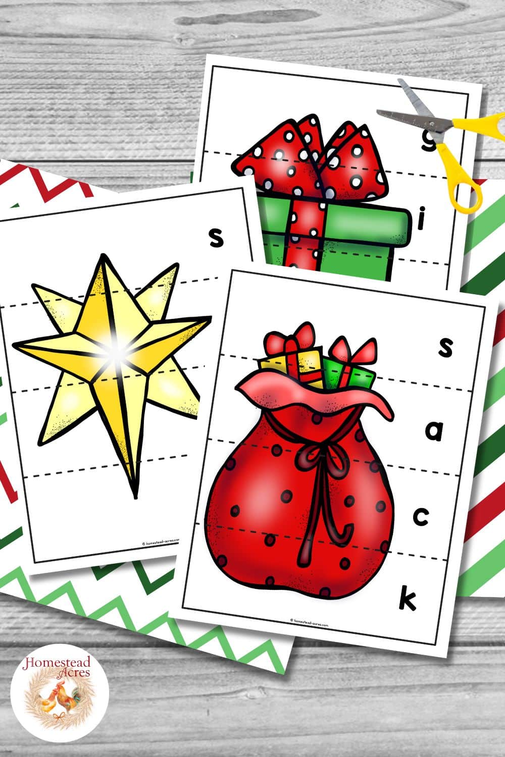 Sample image of word puzzles for a star, sack, and gift.