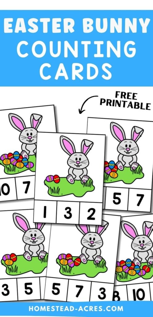 A collage of six bunny and egg math cards. The text overlay says Easter Bunny Counting Cards Free Printable.