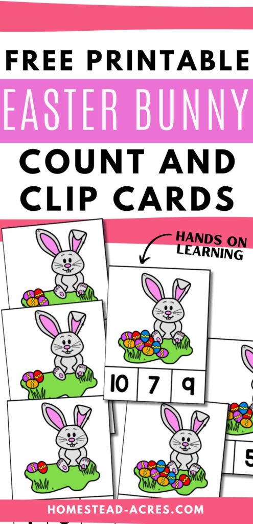 Easter math card collage. The text overlay says Free Printable Easter Bunny Count And Clip Cards.