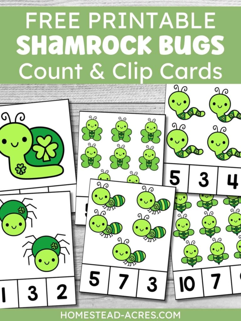 Free printable shamrock bugs count and clip cards.
