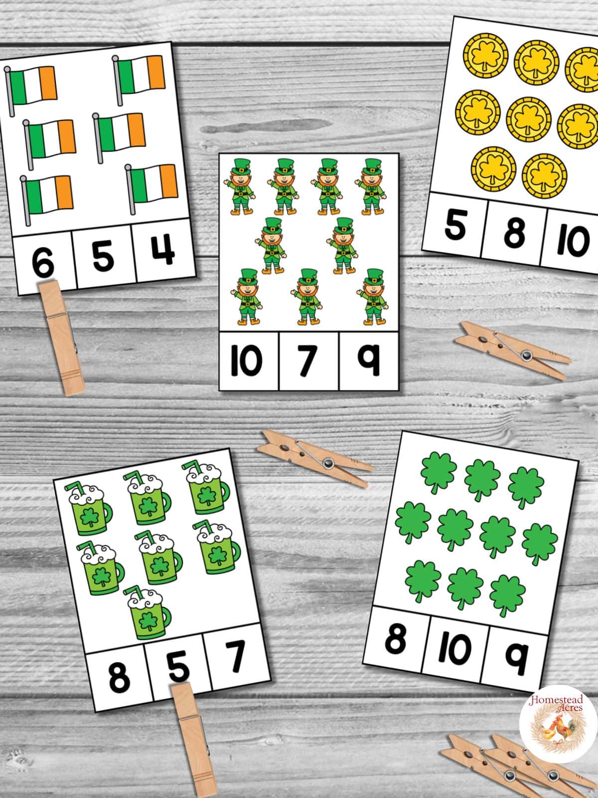St. Patrick's Day math count and clip cards with the flag of Ireland, gold coins, leprechauns, drinks, and shamrocks. They are laying on a grey wooden table background.