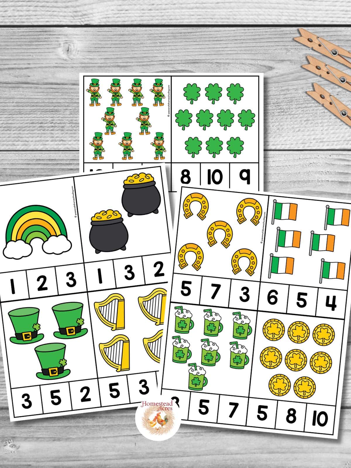 Three sheets of St. Patrick's Day count and clip math cards for counting 1-10 ready to cut out.