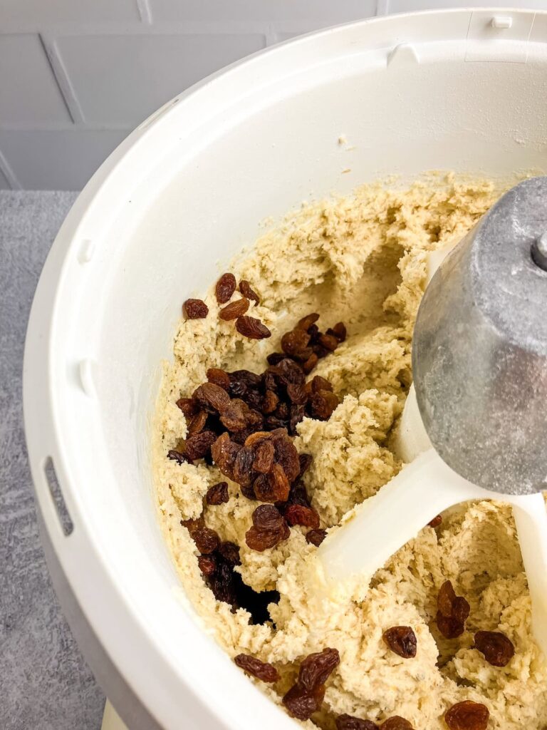 Raisins added to the oatmeal cookie batter.