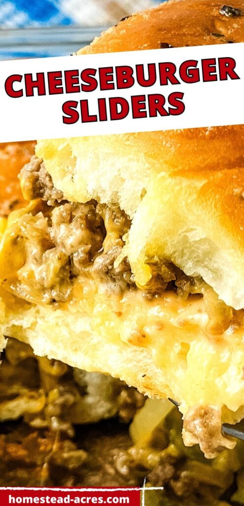 Hot slider lifted out of the baking dish. Text overlay says Cheeseburger Sliders.