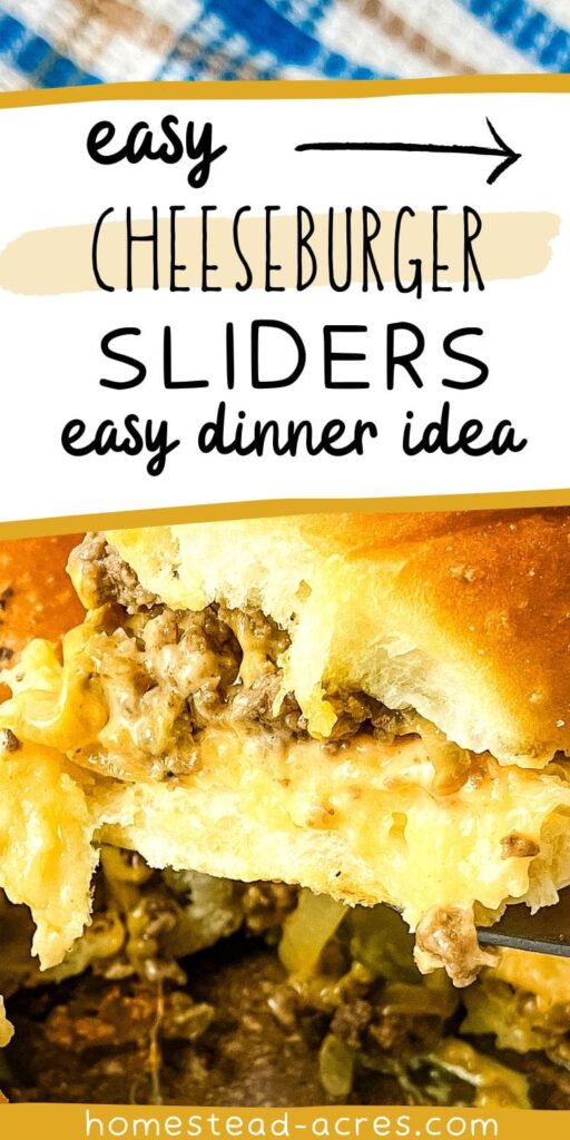 Slider being served from the baking pan. Text overlay says Easy Cheeseburger Sliders Easy Dinner Idea.