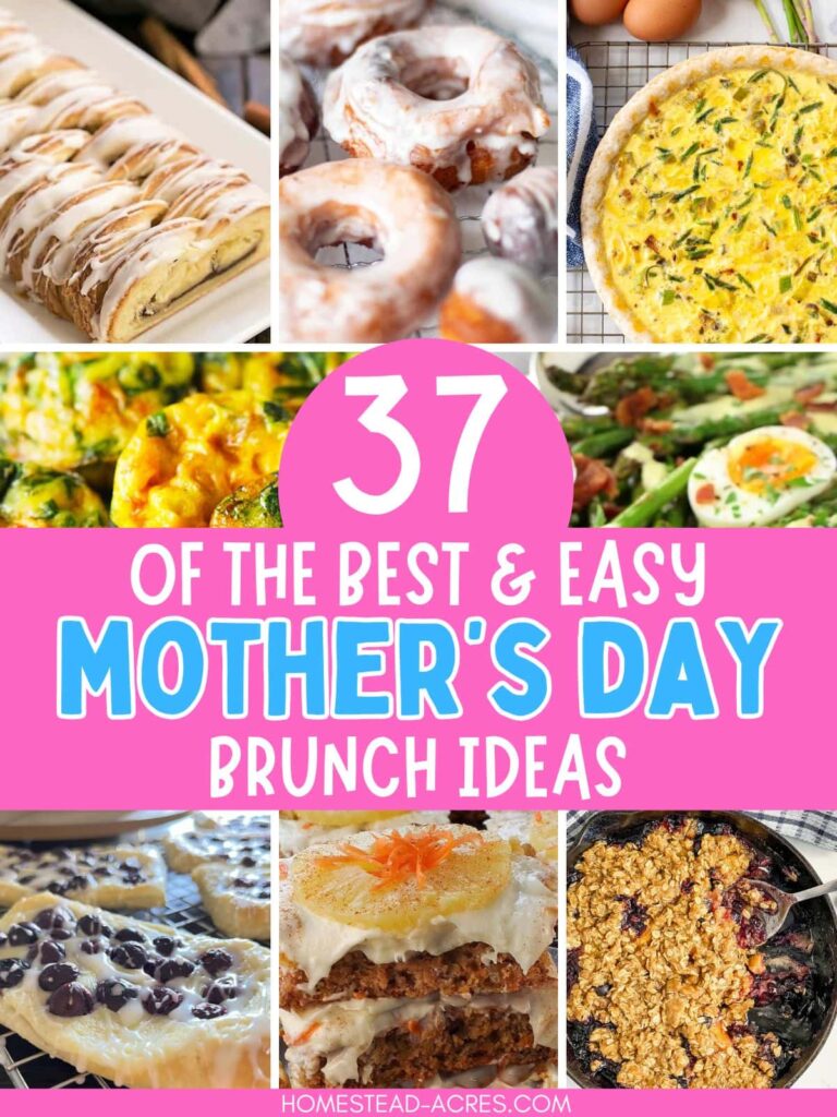Collage image of homemade desserts and egg dishes. The text overlay says 37 Of The Best & Easy Mother's Day Brunch Ideas.