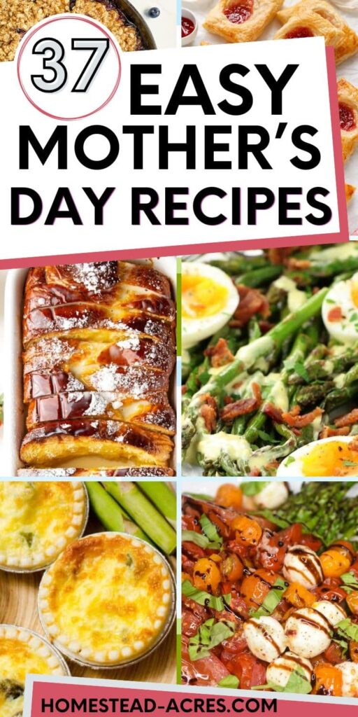 Collage image of egg tarts, French toast, homemade desserts, and salads. The text overlay says 37 Easy Mother's Day Recipes.