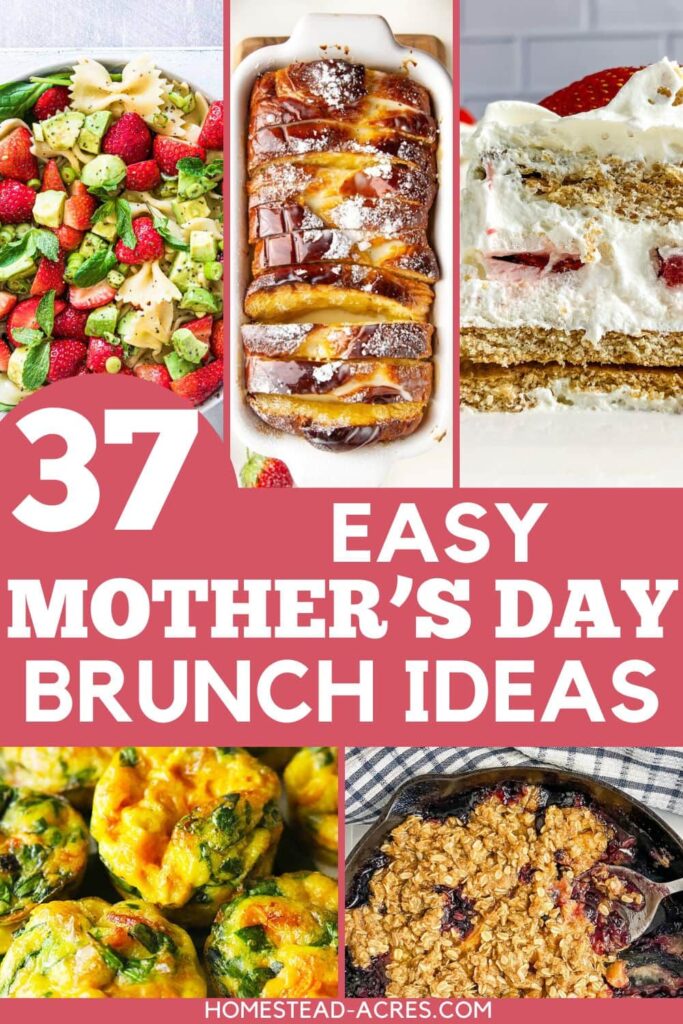Collage image of fruit desserts, pasta salad, and egg dishes. The text overlay says 37 Easy Mother's Day Brunch Ideas.