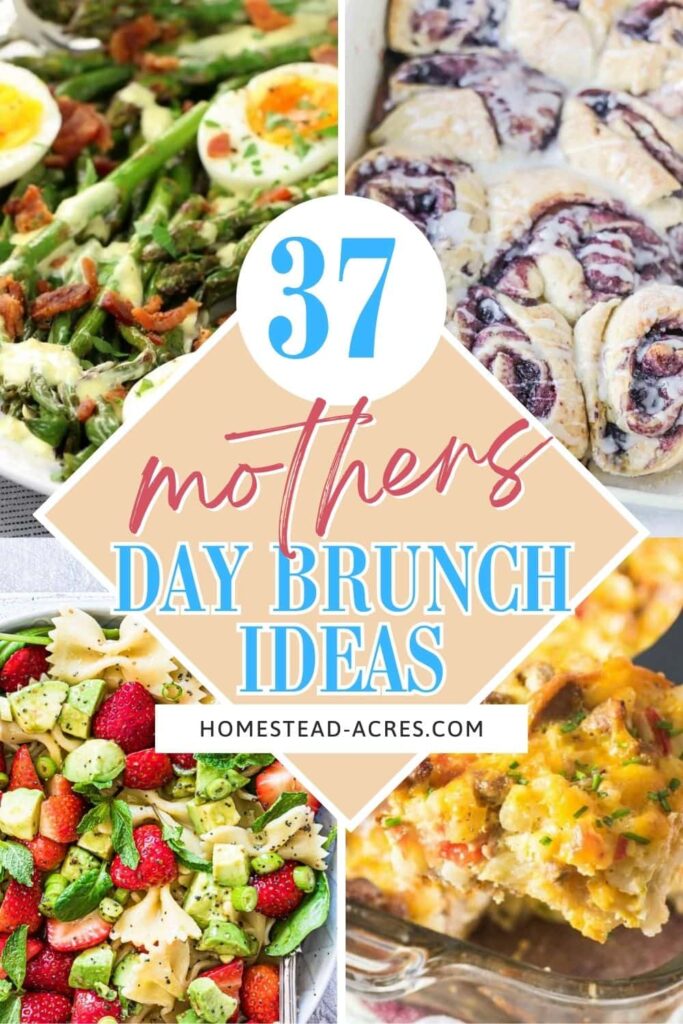 Collage image of blueberry cinnamon rolls, pasta fruit salad, egg casserole, and an asparagus and egg salad. The text overlay says 37 Mother's Day Brunch Ideas.