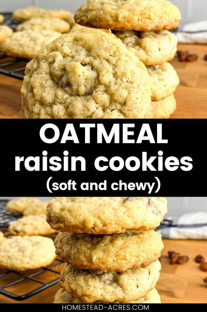 Collage image of two stacks of cookies on a wooden cutting board. The text overlay says Oatmeal Raisin Cookies Soft And Chewy.