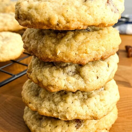 A stack of homemade oatmeal raisin cookies.