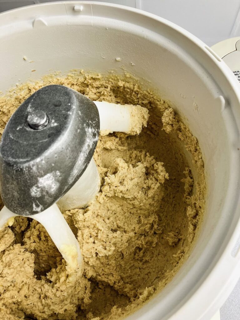 Oatmeal raisin cookie batter in a mixing bowl.