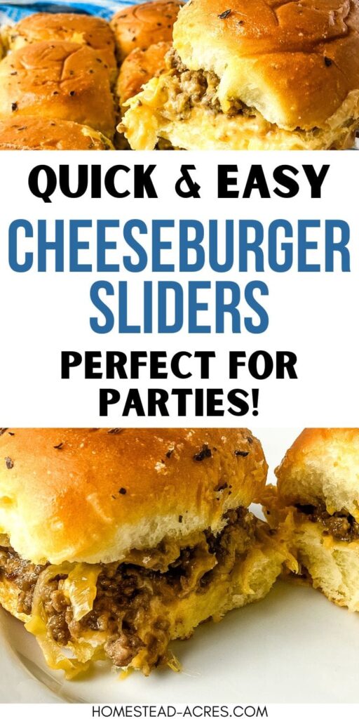 Cheeseburger sliders being lifted out of the pan and placed on plates. Text overlay says Quick & Easy Cheeseburger Sliders Perfect For Parties!