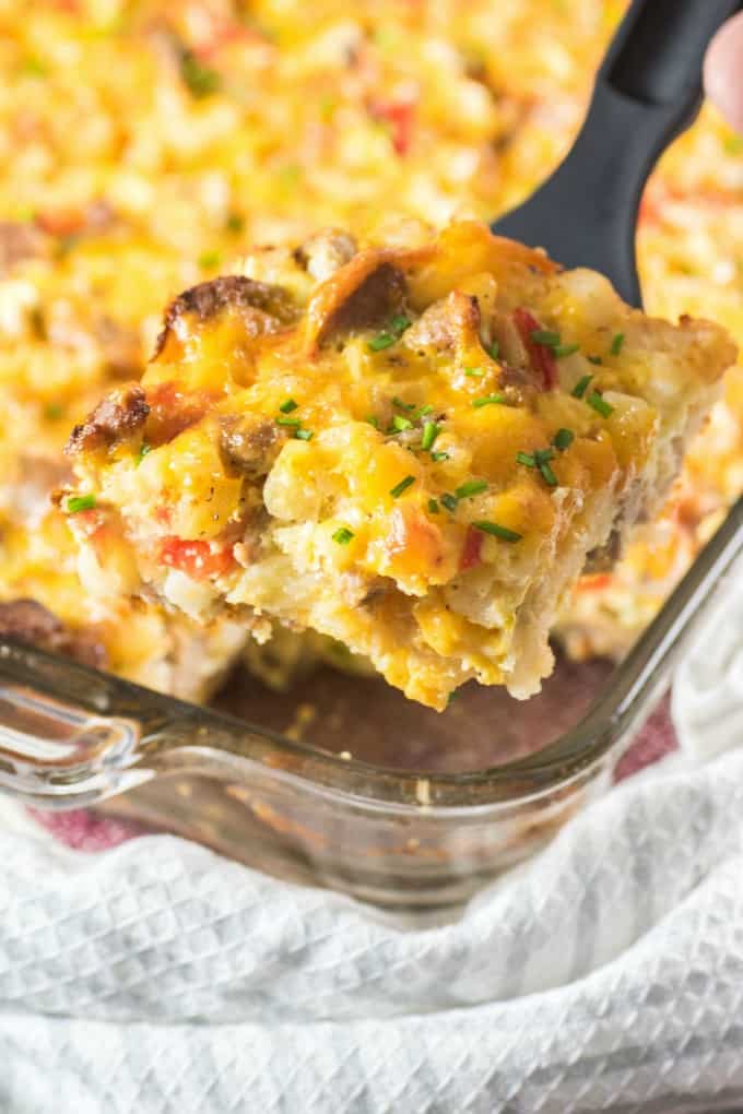 Baked turkey sausage hash brown breakfast casserole.
