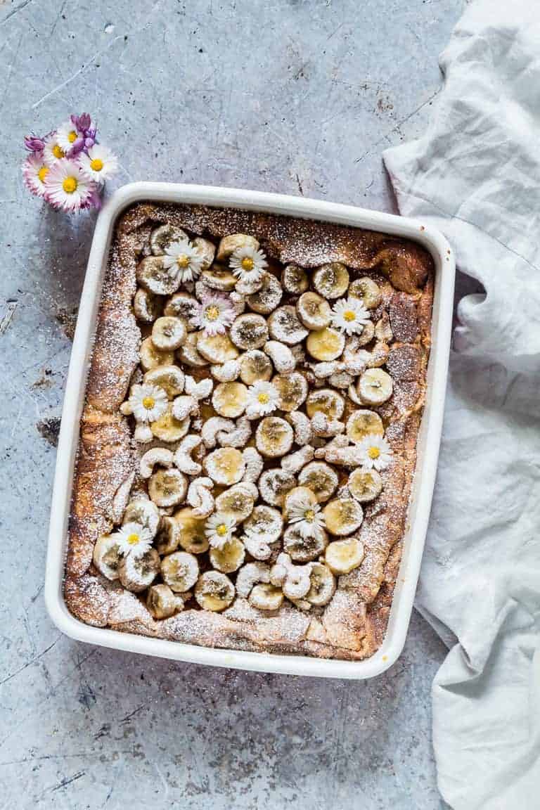Brioche French toast bake with bananas and nuts.
