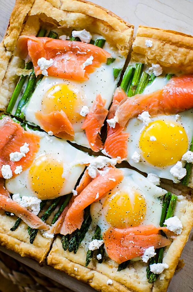 Savory puff pastry tart with eggs.