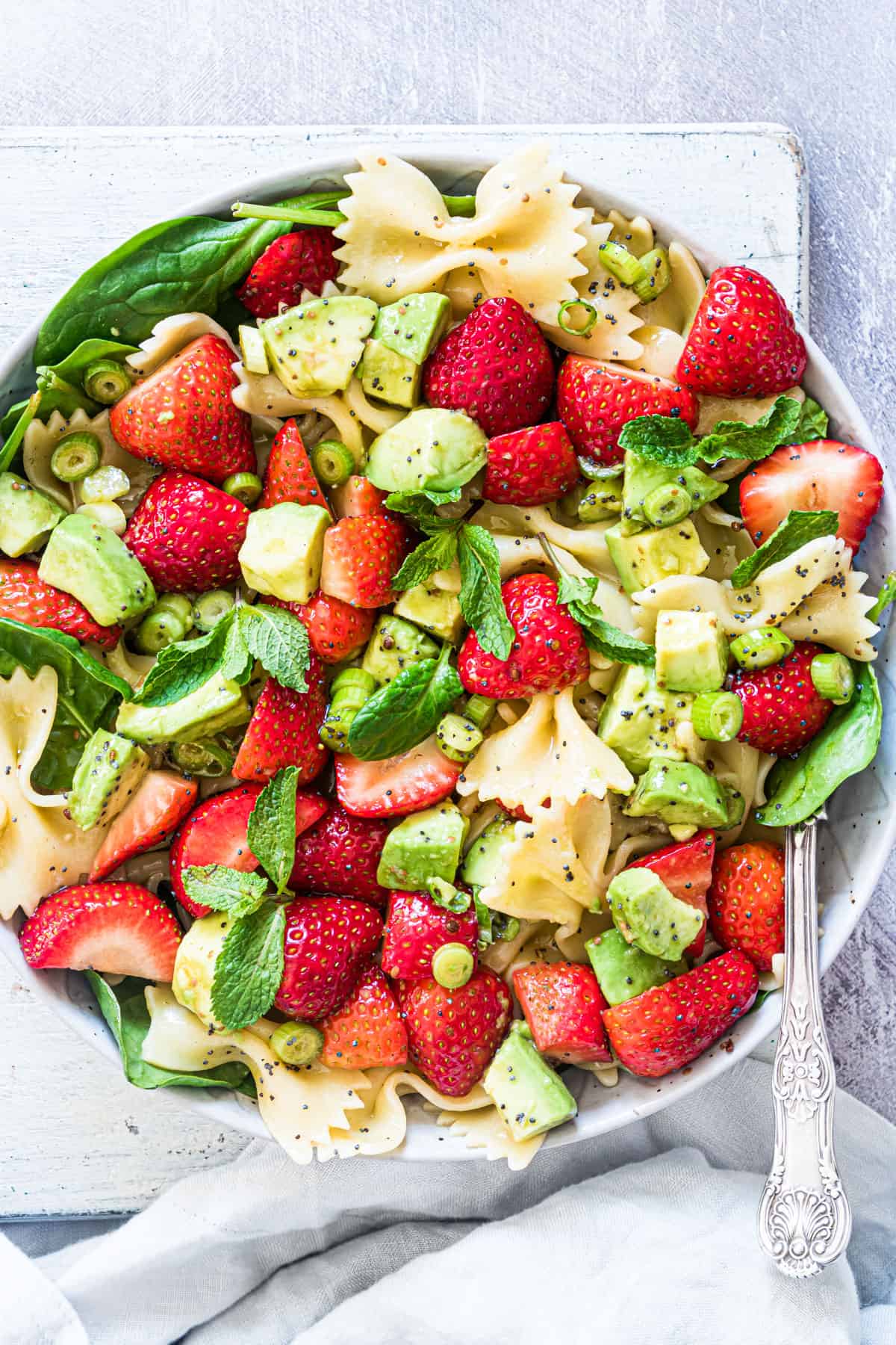 Strawberry and avocado pasta salad.