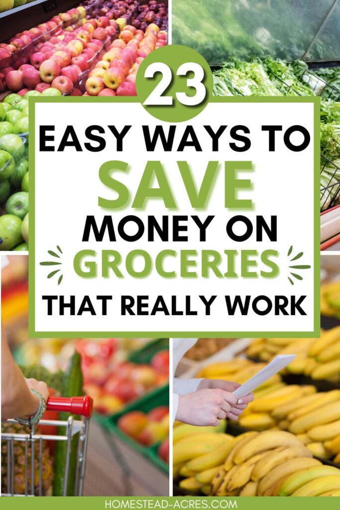 A collage image showing various vegetables, perfect for learning how to cut grocery costs. The text overlay says 23 Easy Ways To Save Money On Groceries That Really Work.