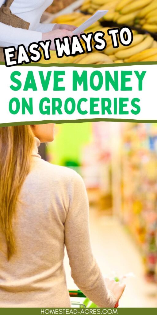 A thoughtful shopper deep in decision-making, illustrating mindful grocery shopping. The text overlay says Easy Ways To Save Money On Groceries.