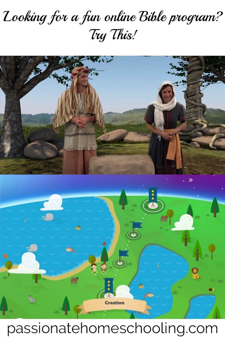 Image collage of a map and a man and woman telling Bible stories. Text overlay says Looking for a fun online Bible program? Try this!