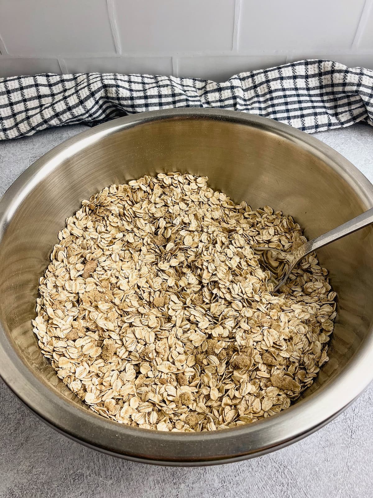 The dry ingredients are all mixed in a large mixing bowl.
