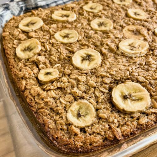 Peanut butter banana baked oatmeal in a baking dish warm from the oven.