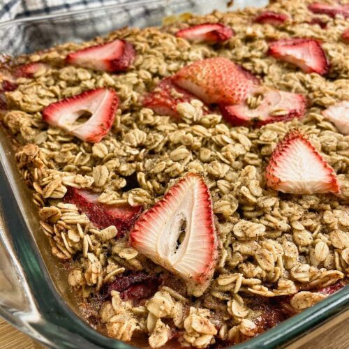 Strawberry baked oatmeal in a baking dish.