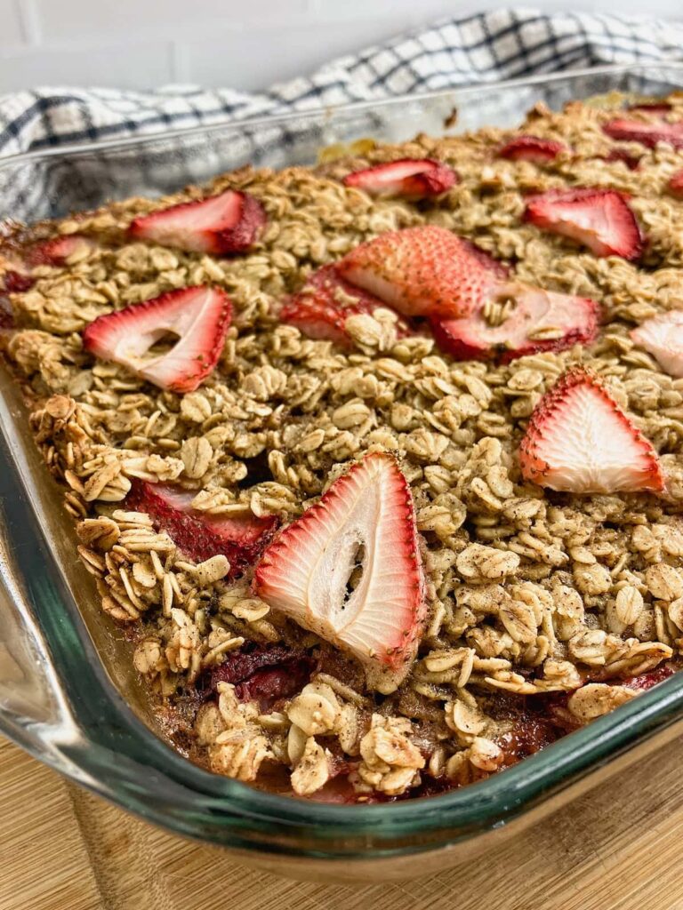 Strawberry baked oatmeal in a baking dish.