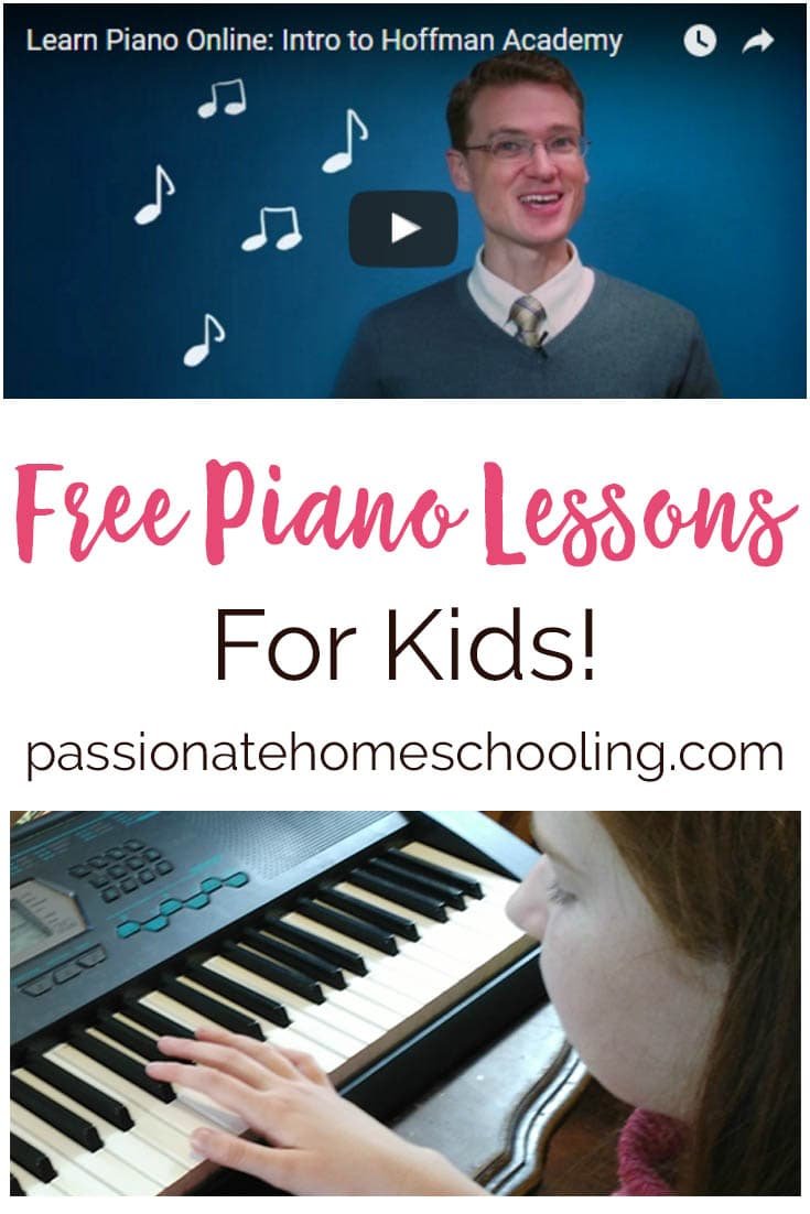 Collage image of a girl playing the keyboard and a piano lesson video. Text overlay says Free Piano Lessons For Kids.