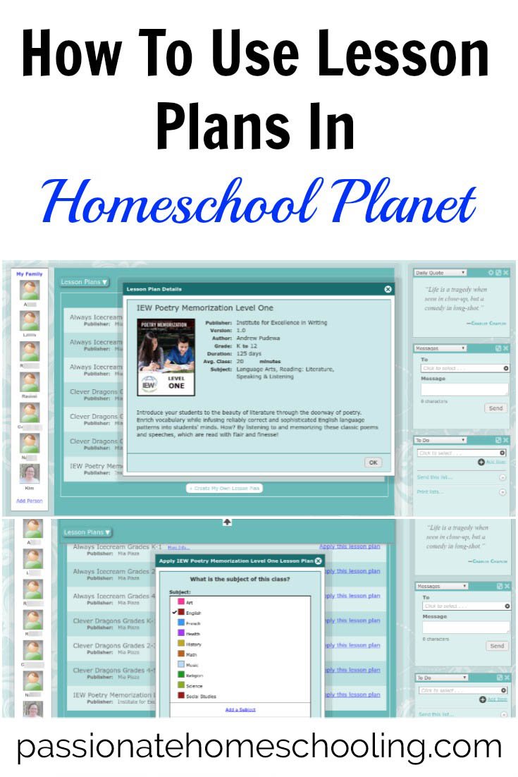 How to Use Lesson Plans In Homeschool Planet text overlaid on a collage photo of planner screenshots.