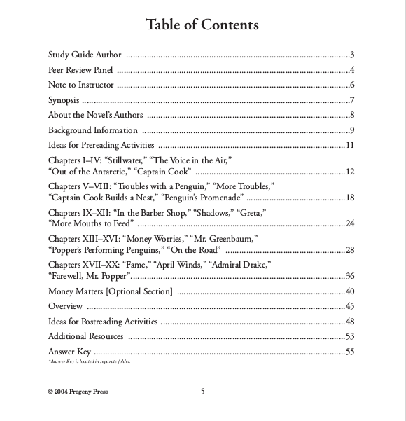 Table of Contents for Mr. Popper's Penguin study guide.