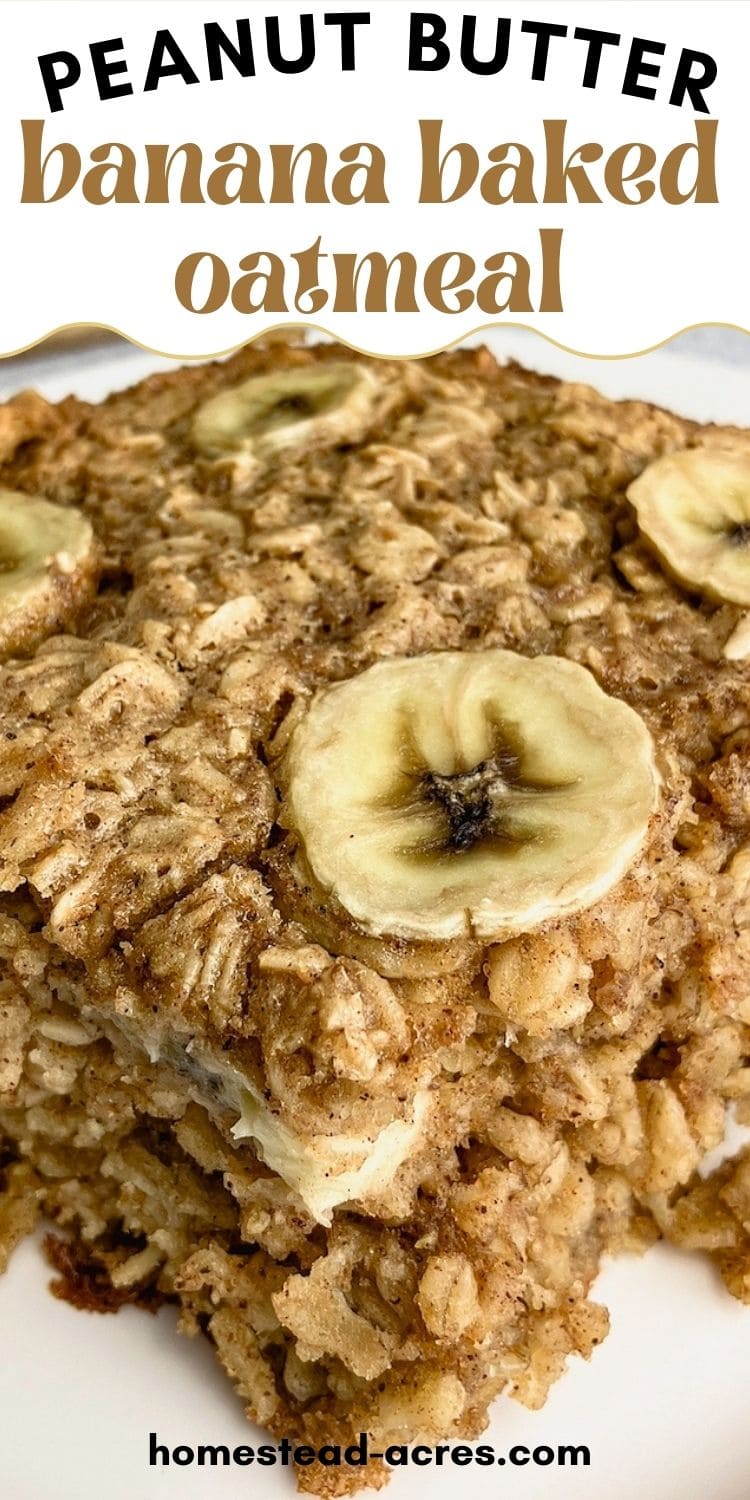 A slice of baked oatmeal with a peanut butter and banana filling. The text overlay says Peanut Butter Banana Baked Oatmeal.