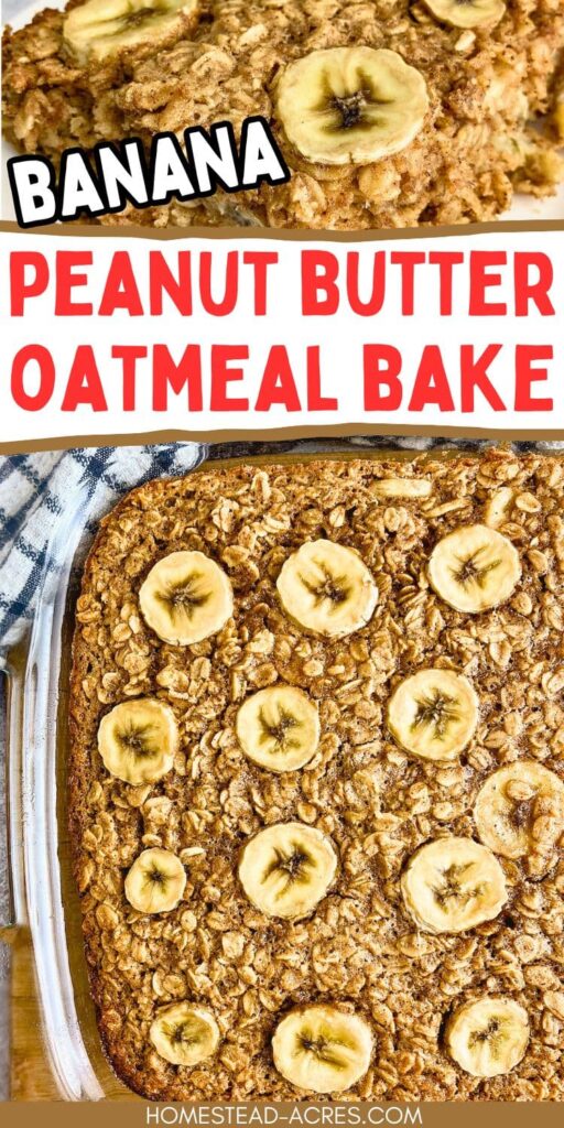 A collage of a slice and a baking pan of peanut butter banana baked oatmeal. The text overlay says Banana Peanut Butter Oatmeal Bake.
